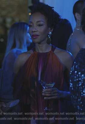 Carmen's pink printed maxi dress on The Good Fight