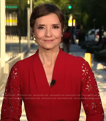 Catherine Herridge's red eyelet sleeve dress on CBS Mornings