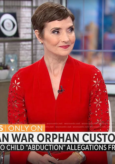 Catherine Herridge’s red eyelet sleeve dress on CBS Mornings