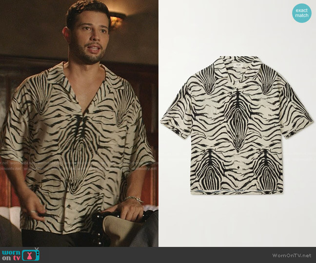 Celine Homme Camp-Collar Zebra-Print Woven Shirt worn by Sam Flores (Rafael de la Fuente) on Dynasty
