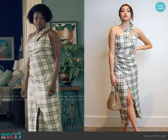 Chloe Dao Sage Plaid One Shoulder dress worn by Nova Bordelon (Rutina Wesley) on Queen Sugar