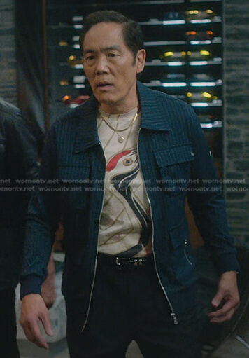 Chozen's crane print tee and navy striped jacket on Cobra Kai