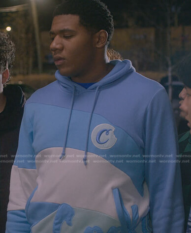 Chris's blue colorblock hoodie on Cobra Kai