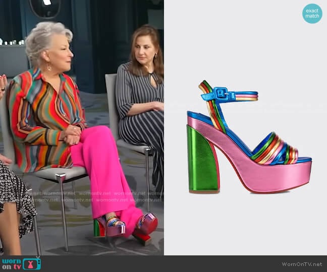 Christian Louboutin Manola Disco Red Sole Metallic Platform Sandals worn by Bette Midler on CBS Mornings