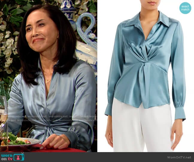 Cinq a Sept Misha Top in Ocean Dew worn by Li Finnegan (Naomi Matsuda) on The Bold and the Beautiful