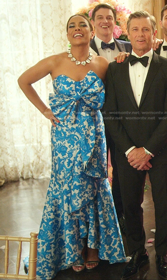 Cristal’s blue printed strapless bow gown on Dynasty
