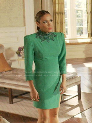 Cristal's green embellished neck dress on Dynasty