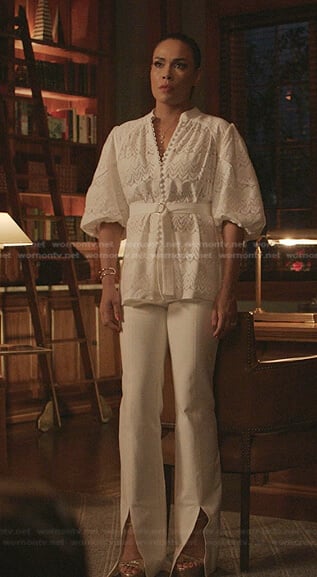 Cristal's white lace belted blouse on Dynasty