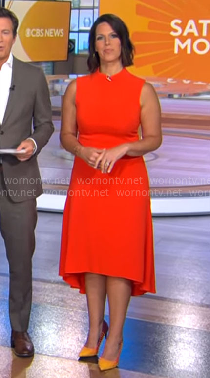 Dana Jacobson's red sleeveless dress on CBS Saturday Morning