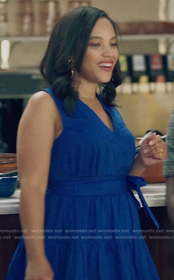 Darla’s blue sleeveless v-neck dress on Queen Sugar