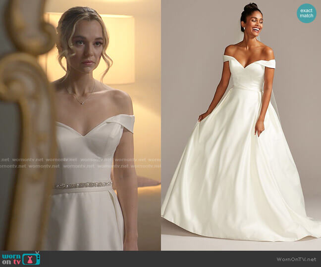 David's Bridal Off the Shoulder Satin Ball Gown Wedding Dress worn by Sam (Madison Iseman) on American Horror Stories