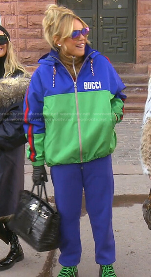 Diana’s blue and green colorblcok jacket and sweatpants on The Real Housewives of Beverly Hills