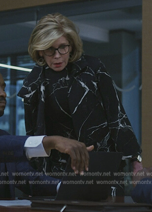 Diane’s black marble print dress and coat on The Good Fight