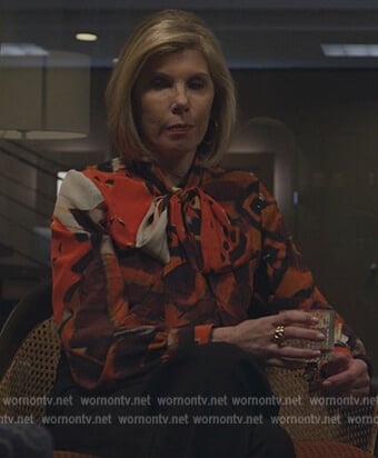 Diane's red floral tie neck blouse on The Good Fight