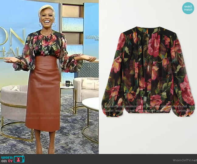 Dolce & Gabbana Gathered floral-print silk-chiffon blouse worn by Tamron Hall on Tamron Hall Show