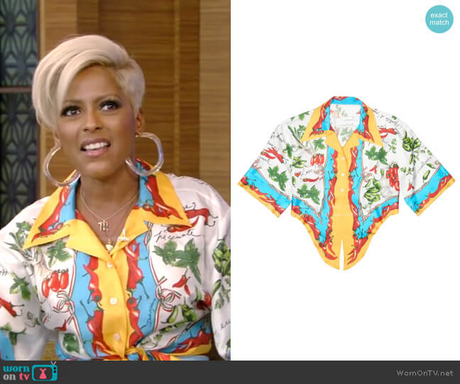 Dolce & Gabbana Vegetable Print Handkerchief Hem Silk Button-Up Shirt worn by Tamron Hall on Live with Kelly and Ryan