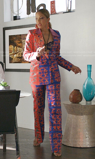 Dominique’s blue and red printed blazer suit on Dynasty