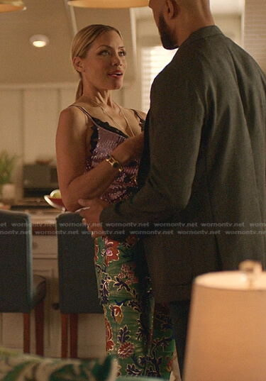 Dominique's black bralette and green floral pants on Dynasty