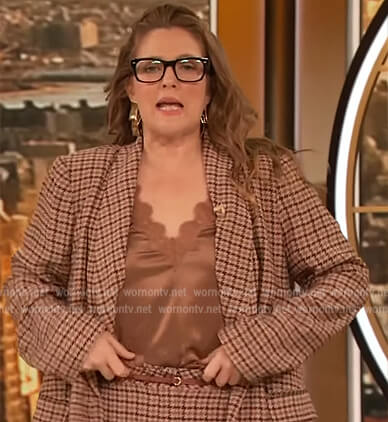 Drew’s brown check blazer and cami on The Drew Barrymore Show