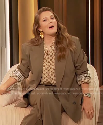 Drew's oversized blazer and monogram blouse on The Drew Barrymore Show