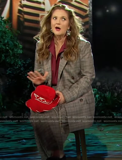 Drew's plaid double breasted blazer and pants on The Drew Barrymore Show