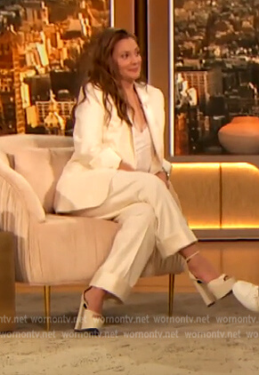 Drew’s white blazer and lace cami on The Drew Barrymore Show