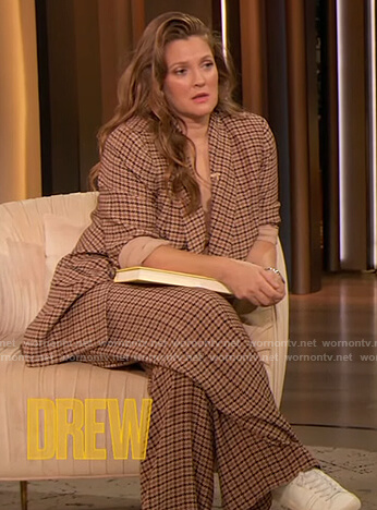 Drew's brown check blazer and cami on The Drew Barrymore Show