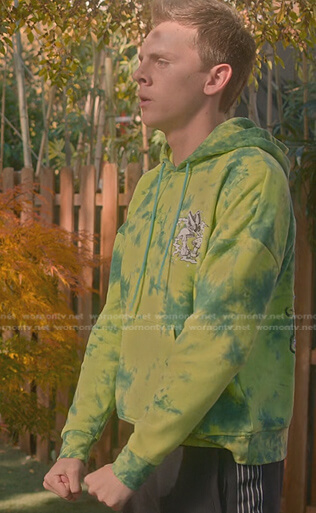Elie's green tie dye hoodie on Cobra Kai
