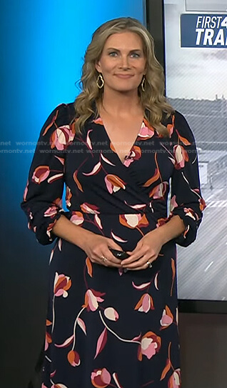 Emily West’s navy floral surplice dress on Today