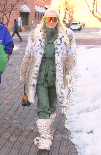 Erika's green nylon field jacket and pants on The Real Housewives of Beverly Hills