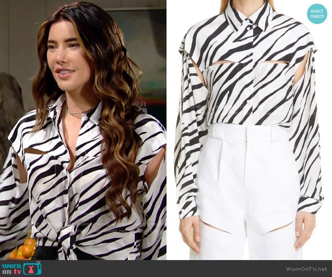 Et Ochs Kennedy Zebra Print Cutout Silk Button-Up Shirt worn by Steffy Forrester (Jacqueline MacInnes Wood) on The Bold and the Beautiful