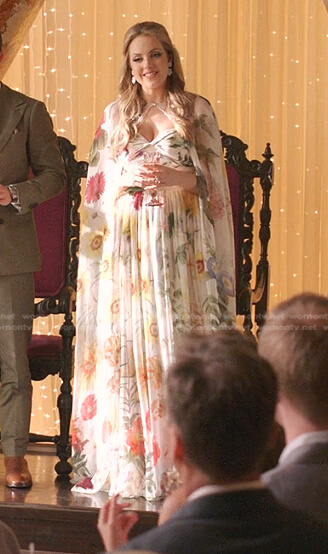 Fallon’s white floral gown with cape on Dynasty