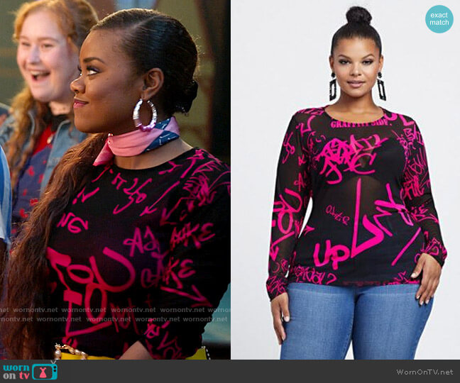 Fashion to Figure Andie Graffiti Mesh Top worn by Kourtney (Dara Renee) on High School Musical The Musical The Series
