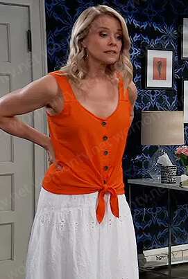 Felicia’s orange tie front top and eyelet skirt on General Hospital