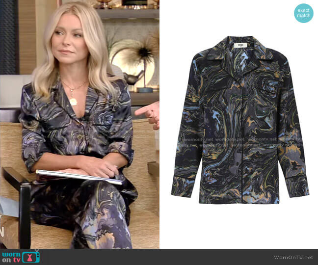 Fendi All-Over Marble Printed Satin Shirt worn by Kelly Ripa on Live with Kelly and Ryan