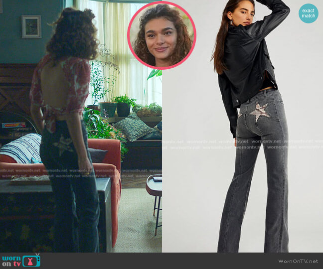 Free People Firecracker Flare Jeans worn by Flora (Paulina Chavez) on Fate The Winx Saga