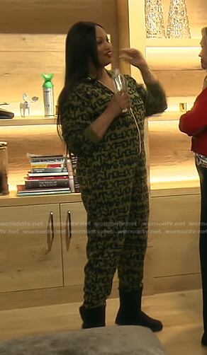 Garcelle's khaki print onesie on The Real Housewives of Beverly Hills