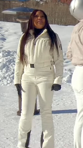 Garcelle's white ski jumpsuit on The Real Housewives of Beverly Hills