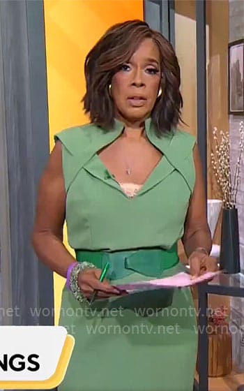 Gayle King's green folded neckline dress on CBS Mornings