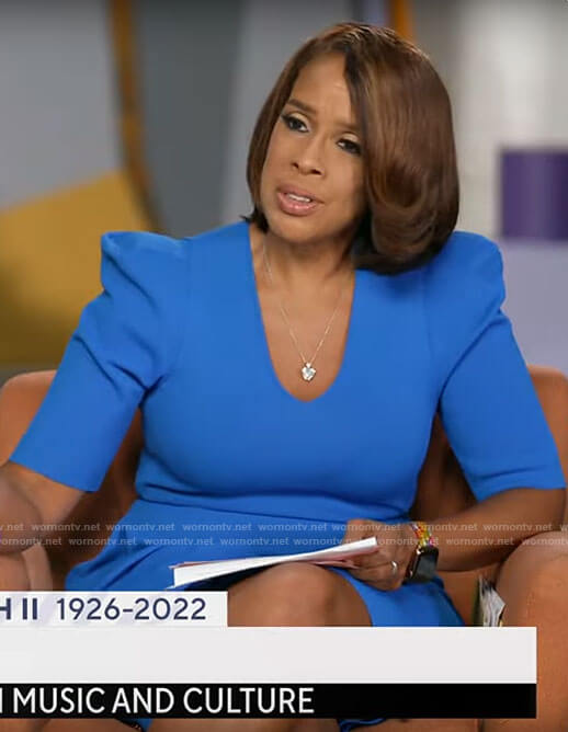 Gayle King’s blue v-neck dress on CBS Mornings
