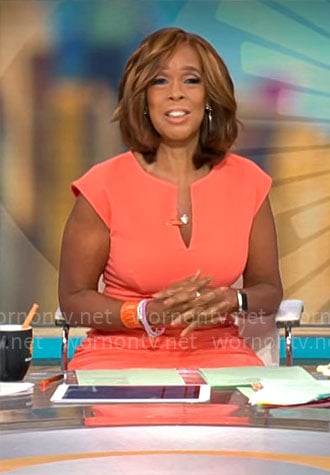 Gayle King’s coral split-neck dress on CBS Mornings