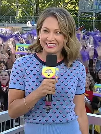 Ginger’s blue tulip print knit top on Good Morning America
