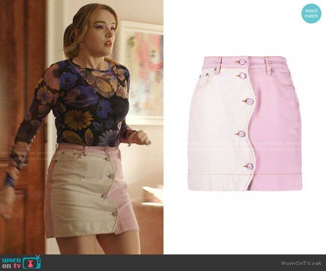 Kirby’s pink colorblock denim skirt on Dynasty