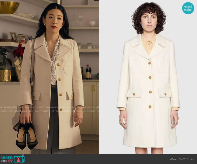 Gucci Double G embroidery wool coat worn by Ingrid Yun (Arden Cho) on Partner Track