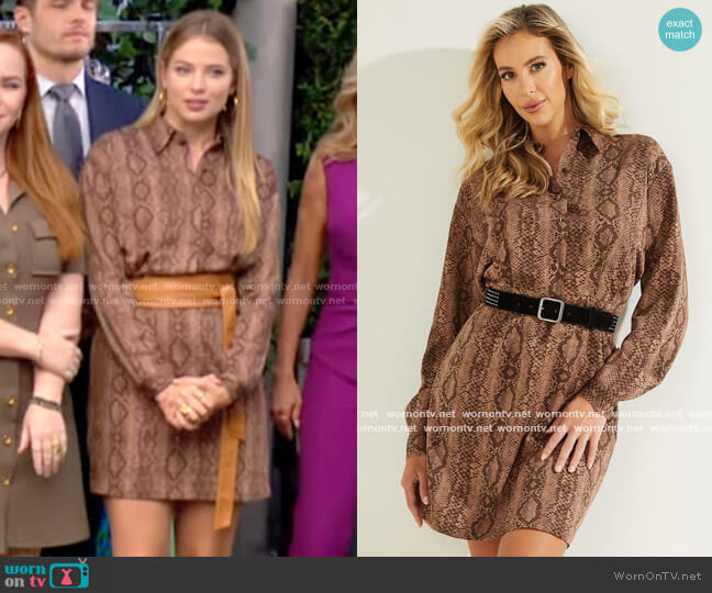 Guess Eco Dominique Dress in Shaka snake brown combo worn by Summer Newman (Allison Lanier) on The Young and the Restless