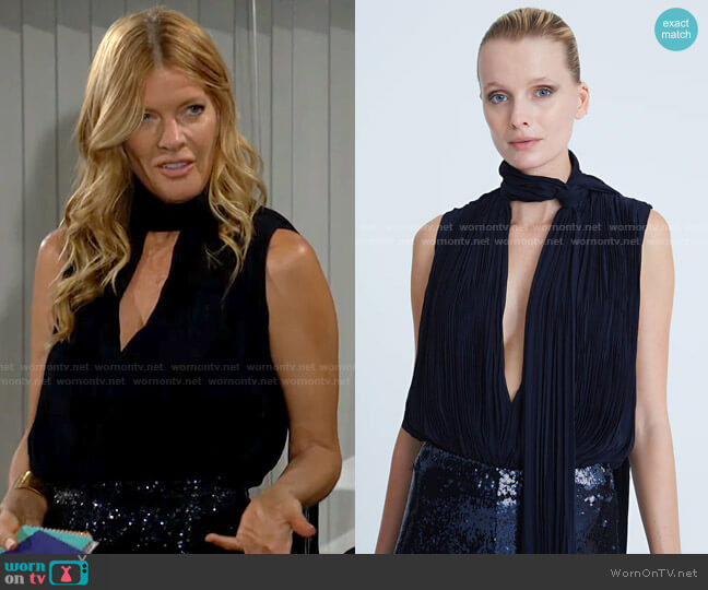 Halston Carly Chiffon Pleated Bodysuit worn by Phyllis Summers (Michelle Stafford) on The Young and the Restless