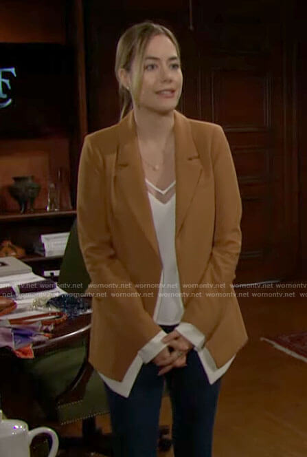 Hope’s camel blazer with white trim on The Bold and the Beautiful