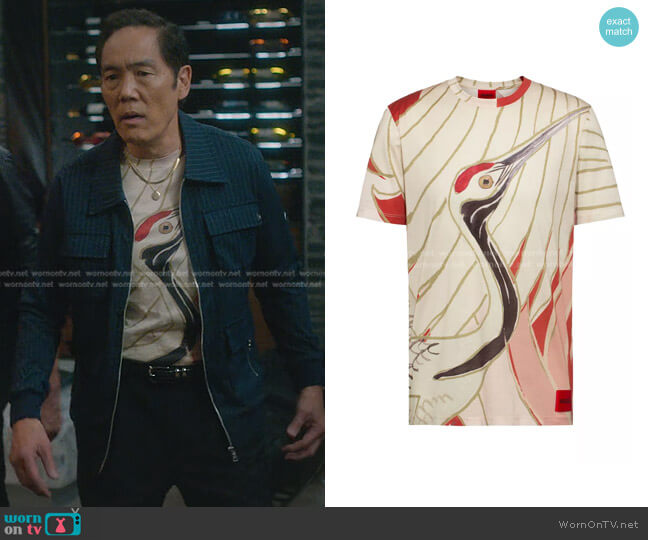 Hugo Boss Mercerised T Shirt with Japanese Crane Print worn by Chozen Toguchi (Yuji Don Okumoto) on Cobra Kai