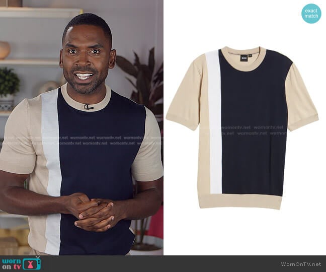 WornOnTV: Justin’s colorblock tee on E! News Nightly Pop | Justin ...