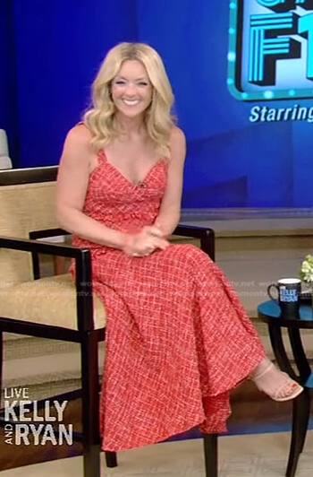 Jane Krakowski’s red plaid tweed top and skirt on Live with Kelly and Ryan